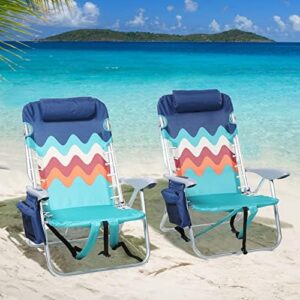 LET'S CAMP Backpack Beach Chair Set of 2, 4-Position Classic Lay Flat, Pillow and Padded Shoulder Straps, Storage Pouch and Towel Bar, Support 250LBS, Wave