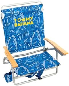 Tommy Bahama 5-Position Classic Lay Flat Backpack Beach Chair with Cooler and Cup Holder, Portable Folding Beach Chair for Tanning, Blue Tropical Leaves