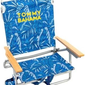 Tommy Bahama 5-Position Classic Lay Flat Backpack Beach Chair with Cooler and Cup Holder, Portable Folding Beach Chair for Tanning, Blue Tropical Leaves