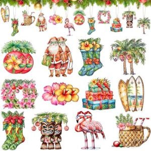 36 Pcs Christmas in July Ornaments Beach Surfboard Flamingo Hibiscus Santa Claus Xmas Wood Cutouts Tropical Hawaii Christmas in July Decorations for Tree Home Wreath Party Decor
