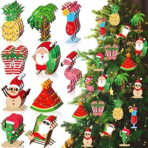 Chunful 30 Pcs Christmas in July Ornaments Summer Wooden Hanging Ornaments Summer Tree Decoration Beach Santa Tropical Decoration with String for Luau Party Supplies Hawaiian Party Favors